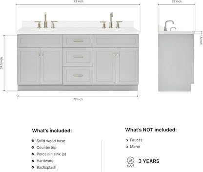 ARIEL Hamlet 72-inch Bathroom Vanity with Sink,Solid Wood, 1.5-inch Pure White Quartz Countertop & Backsplash, Double Oval Porcelain Sink, 4 Soft Closing Doors, 3 Dovetail Drawers, Grey
