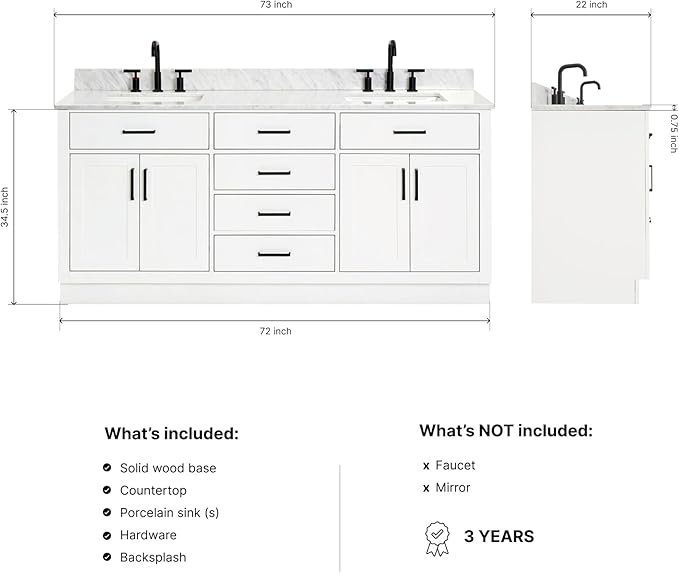 ARIEL Hepburn 72-inch Bathroom Vanity with Sink,Solid Wood, 0.75-inch Italian Carrara Marble Countertop, Double Rectangular Porcelain Sink, 4 Soft Closing Doors, 6 Dovetail Drawers, White