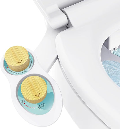 RV Bidet for Camper Toilet, Non-Electric Toilet Sprayer Attachment with Dual Nozzles, Adjustable Pressure, Front/Rear/Self Cleaning, Upgrade for Trailer, Motorhome, RV Bathroom (Bamboo Knob)