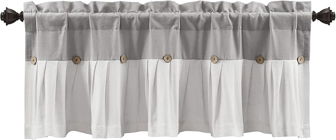 Lush Decor Linen Button Farmhouse Valance Curtians 84"W x 18"L Gray & Off White - Linen Valances For Windows - Kitchen Curtains Valances