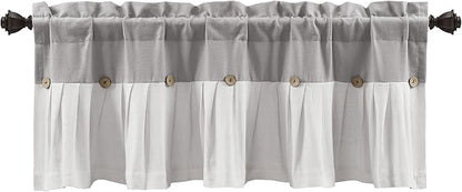 Lush Decor Linen Button Farmhouse Valance Curtians 84"W x 18"L Gray & Off White - Linen Valances For Windows - Kitchen Curtains Valances