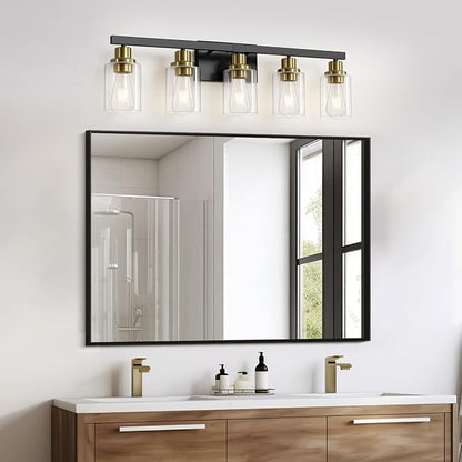 5-Light Black and Gold Bathroom Vanity Light, 30" Modern Vanity Lighting Fixture, Bathroom Light Fixtures, Wall Sconces with Clear Glass Shade, Black Bathroom Wall Light Over Mirror