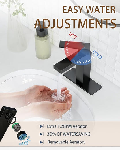 Matte Black Bathroom Faucet Single Hole with Pop-Up Bathroom Drain Single Handle Bathroom Sink Faucet w/Deck Plate(1 or 3 Hole) for Vanity Sinks, RV, Farmhouse