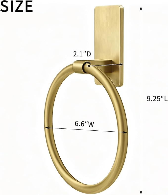 STWWO Gold Towel Ring for Bathroom, Adhesive Hand Towel Holder for Bathroom, Kitchen, No Drill | for Bath RV Kitchen, Self Adhesive Wall Mounted, No-Drill Stick On, Brushed Gold