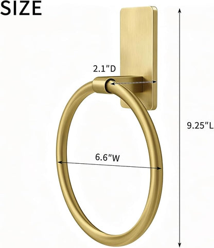 STWWO Gold Towel Ring for Bathroom, Adhesive Hand Towel Holder for Bathroom, Kitchen, No Drill | for Bath RV Kitchen, Self Adhesive Wall Mounted, No-Drill Stick On, Brushed Gold
