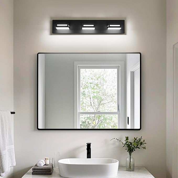 LED Modern Bathroom Light Fixtures, 3-Light 24-Inch Matte Black Vanity Lights for Bathroom Lighting Fixtures Over Mirror, 350° Rotatable Acrylic, 6000K Cool White Wall Lamp