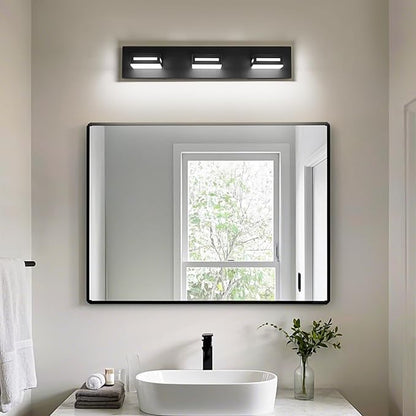 LED Modern Bathroom Light Fixtures, 3-Light 24-Inch Matte Black Vanity Lights for Bathroom Lighting Fixtures Over Mirror, 350° Rotatable Acrylic, 6000K Cool White Wall Lamp