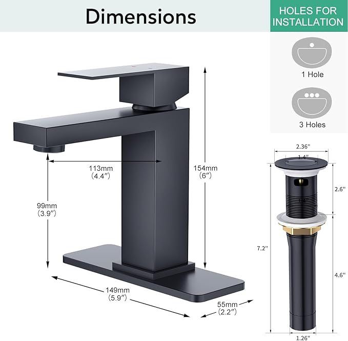 Faustina Matte Black Bathroom Faucet, Single Handle Stainless Steel Bathroom Vanity Faucet with Metal Pop-Up Drain and Deck Plate for 1 or 3 Hole