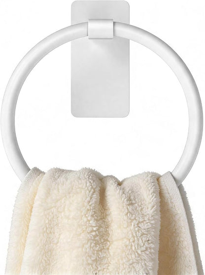STWWO Hand Towel Holder Adhesive, Round Towel Ring for Bathroom RV, White | for Bath RV Kitchen, Self Adhesive Wall Mounted, No-Drill Stick On Renter Friendly