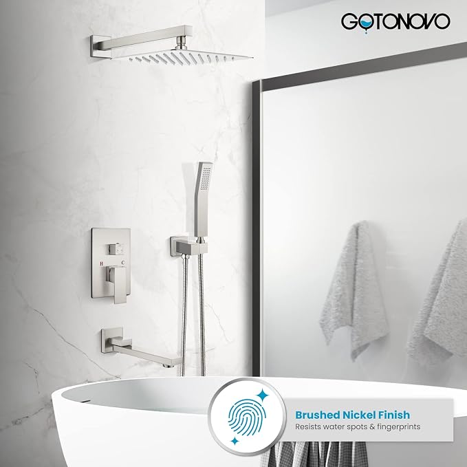 gotonovo Tub Shower Faucet Set with Valve Kit 12’’ Head,Brushed Nickel | Shower System with Tub Spout,SUS304 Rain Head with Handheld Sprayer,Swivel Spout,All Metal,Rough-In Valve Trim Kit,Wall Mount