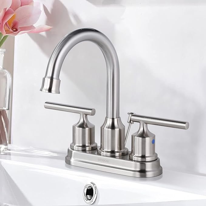 WOWOW 4 Inch Bathroom Faucet 3 Hole Brushed Nickel Bathroom Sink Faucet Centeret Basin Faucet 2 Handle RV Sink Tap Modern Vanity Taps with Drain and Hose
