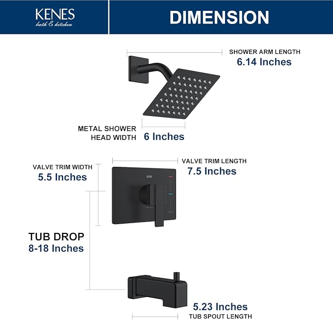 KENES Shower Set with Tub Faucet, Matte Black Tub and Shower Trim Kit | Shower Faucet with 6-Inch Rain Shower Head, Square Shower System, Valve Included, Lead-Free cUPC & NSF Certified, Stainless