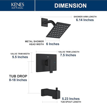 KENES Shower Set with Tub Faucet, Matte Black Tub and Shower Trim Kit | Shower Faucet with 6-Inch Rain Shower Head, Square Shower System, Valve Included, Lead-Free cUPC & NSF Certified, Stainless