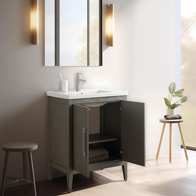 Vanity Art 24 inch Bathroom Vanity with Single Sink & Ceramic Top, Vanity Cabinet with Soft-Closing Doors, Solid Wood Frame, Driftwood Gray, VA9024-DG-GB1