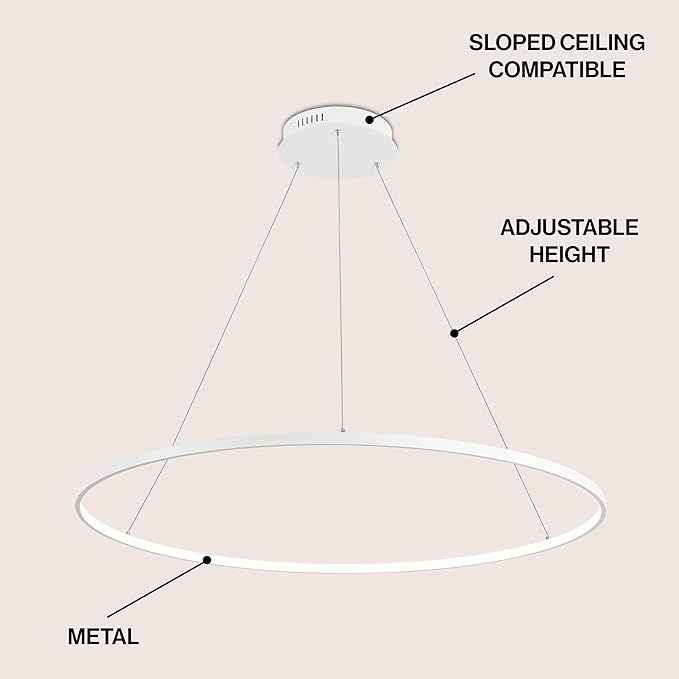 JONATHAN Y 35" Matte White Modern Integrated LED Pendant Light, Dimmable Round Hoop Chandelier for Kitchen Island, Dining Room, Adjustable Height Metal Hanging Light (JYL7220I)