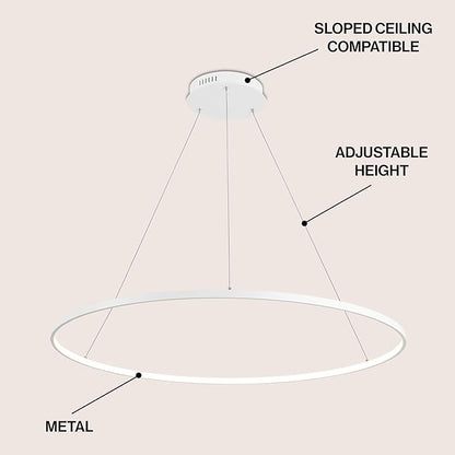 JONATHAN Y 35" Matte White Modern Integrated LED Pendant Light, Dimmable Round Hoop Chandelier for Kitchen Island, Dining Room, Adjustable Height Metal Hanging Light (JYL7220I)