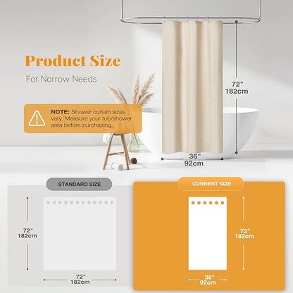 BTTN Stall Fabric Shower Curtain, 36 Inch Linen Textured Heavy Duty Small Cloth Shower Curtain Set with 6 Plastic Hooks, Narrow Hotel Luxury Weighted Shower Curtains for Bathroom(36"x72", Beige/Cream)