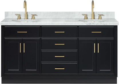 ARIEL Hepburn 66-inch Bathroom Vanity with Sink,Solid Wood, 1.5-inch Italian Carrara Marble Countertop & Backsplash, Double Oval Porcelain Sink, 4 Soft Closing Doors, 6 Dovetail Drawers, Black