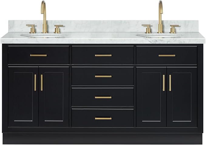 ARIEL Hepburn 66-inch Bathroom Vanity with Sink,Solid Wood, 1.5-inch Italian Carrara Marble Countertop & Backsplash, Double Oval Porcelain Sink, 4 Soft Closing Doors, 6 Dovetail Drawers, Black