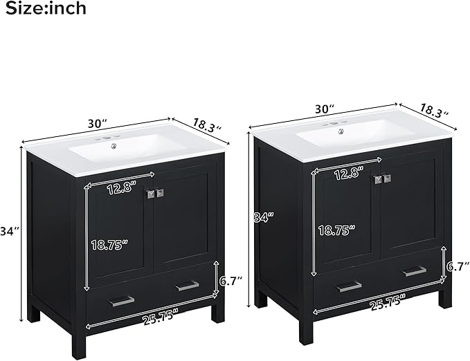 LUMISOL 60" Bathroom Vanity with Double Sink, Solid Wood Bathroom Cabinet with 2 Drawers, Storage Racks & 2 Cabinets, Separate Two 30 Inch Bathroom Vanities with Double Ceramic Sinks, Black