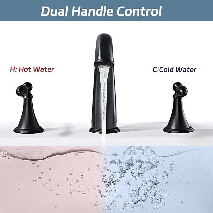 Matt Black Bathroom Faucet Widespread 3 Hole, 6–16 Inch Vanity Sink Faucet with 2 Handles, Drip-Free Ceramic Disc Valve, Solid Brass, Push Pop-Up Drain Assembly Included