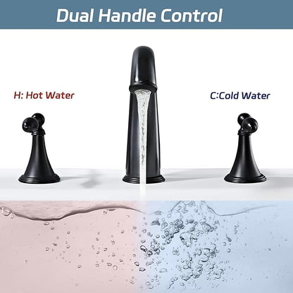 Matt Black Bathroom Faucet Widespread 3 Hole, 6–16 Inch Vanity Sink Faucet with 2 Handles, Drip-Free Ceramic Disc Valve, Solid Brass, Push Pop-Up Drain Assembly Included