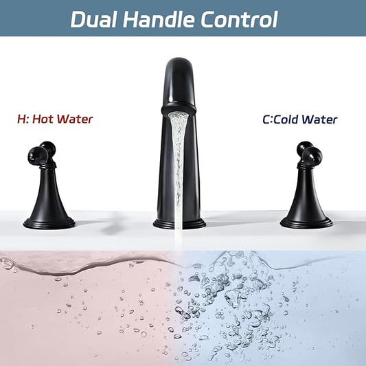 Matt Black Bathroom Faucet Widespread 3 Hole, 6–16 Inch Vanity Sink Faucet with 2 Handles, Drip-Free Ceramic Disc Valve, Solid Brass, Push Pop-Up Drain Assembly Included