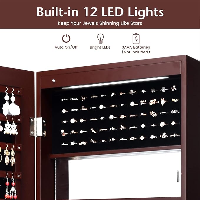 COSTWAY 12 LEDs Mirror Jewelry Cabinet, Wall/Door Mounted Jewelry Organizer Cabinet with 53.5” Full Length Mirror & Large Storage Capacity, Lockable Jewelry Armoire for Women Girls (Brown)