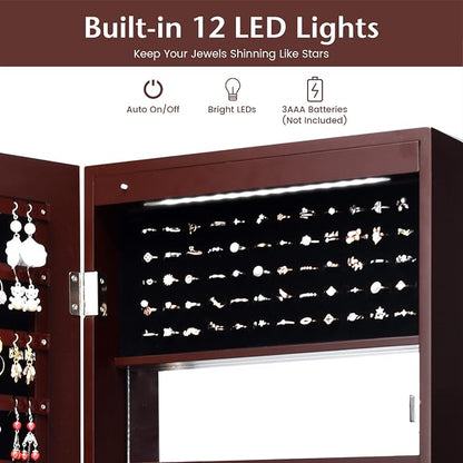 NAFORT 15 LEDs Lockable Mirror Jewelry Armoire Organizer, Christmas Gift Wall Door Mounted Storage Cabinet with Full-Length Mirror, Folding Tray,5 Storage Shelves, Brown