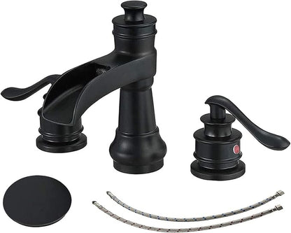 3 Hole 8 Inch Widespread Bathroom Sink Faucet Black Two Handles | Waterfall Spout,Lead-free,With Pop Up Drain and Supply Lines, Classic Farmhouse Retro, Stain Resistant Coating