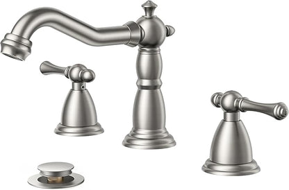 FORIOUS Brushed Nickel Bathroom Sink Faucet 3 Holes, 2 Handle Widepsread Antique Faucet for Bathroom Sink with Pop-Up Drain and Water Supplies for Commercial Vanity Lavatory Restroom Farmhouse
