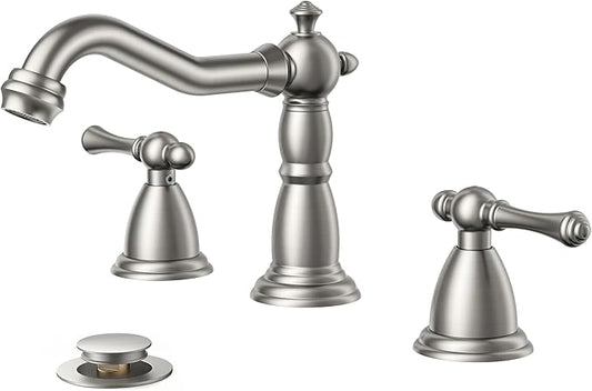 FORIOUS Brushed Nickel Bathroom Sink Faucet 3 Holes, 2 Handle Widepsread Antique Faucet for Bathroom Sink with Pop-Up Drain and Water Supplies for Commercial Vanity Lavatory Restroom Farmhouse