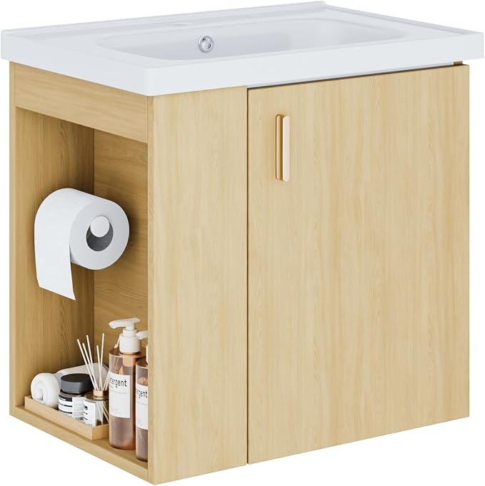 20 Inch Oak Floating Small Bathroom Vanity, Pre-Assembled Wall Mounted Cabinet with Sink, Left Side Storage, Soft-Close Door, Modern Space-Saving Design, No Faucet,BV04-20-OAK-PLUS