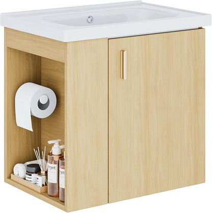 20 Inch Oak Floating Small Bathroom Vanity, Pre-Assembled Wall Mounted Cabinet with Sink, Left Side Storage, Soft-Close Door, Modern Space-Saving Design, No Faucet,BV04-20-OAK-PLUS