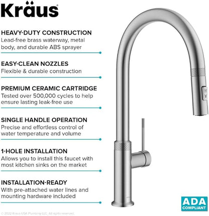 KRAUS Oletto Modern Industrial Pull-Down Single Handle Kitchen Faucet in Spot Free Stainless Steel, KPF-2654SFS