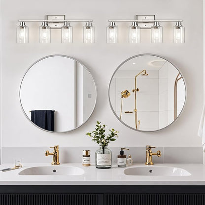 Unicozin Modern Brushed Nickel Bathroom Light Fixtures, 4-Light Vanity Lights Over Mirror with E26 LED Bulbs Included, Wall Sconce with Clear Glass Shades for Living Room Bedroom Hallway Kitchen