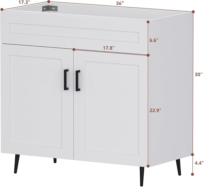 36 Inch Bathroom Vanity, Freestanding Wooden Bathroom Vanity with 2 Doors and Metal Legs, Bathroom Cabinet Vanity Without Ceramic Sink (White Without Sink, 36")