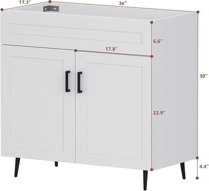 36 Inch Bathroom Vanity, Freestanding Wooden Bathroom Vanity with 2 Doors and Metal Legs, Bathroom Cabinet Vanity Without Ceramic Sink (White Without Sink, 36")