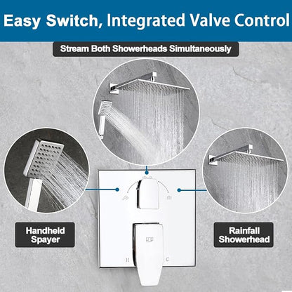 Shower Faucet Set Chrome 12 Inch Shower Head and Handle Set Bathroom Rain Shower System Wall Mounted Shower Fixture with Shower Valve and Trim Kit