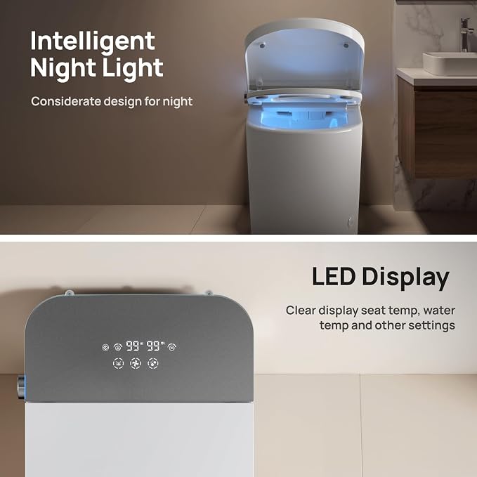 Smart Toilet with Bidet Built-in: Super Gentle Wash Bidet Toilet with Dryer, Dual Flush One Piece Toilets with Auto Lid/Seat, Foam, Heated Seat, Foot Sensor, UV-C Night Light, Child Mode, Grey