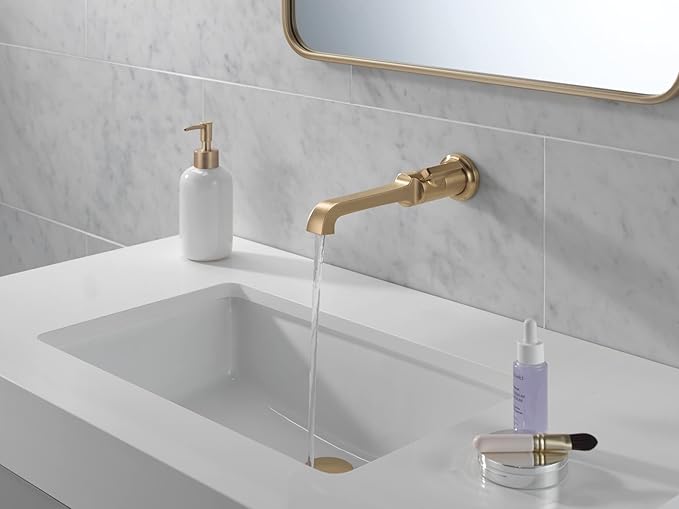 Delta Tetra Wall Mount Bathroom Faucet 1 Hole, Brushed Gold Single Hole Bathroom Sink Faucet for Vanity, Lumicoat Champagne Bronze T3589LF-CZ-PR-WL (Valve Not Included)