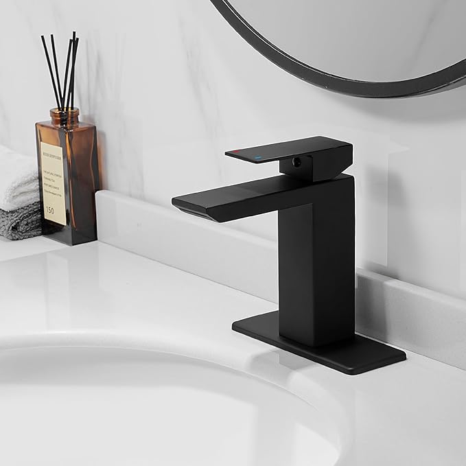 RUMOSE Matte Black Bathroom Faucets Set with Pop Up Drain Single Handle Bathroom Sink Faucet 1 & 3 Hole Waterfall Spout Vanity Faucet Kit with Deck Plate Rv Lavatory Basin Faucet, Stainless Steel