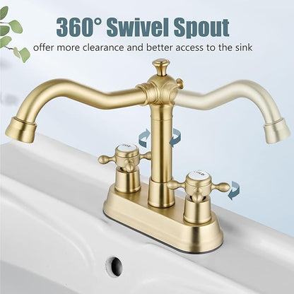 Aolemi 4 Inch Centerset Bathroom Sink Faucet Vintage 2 Cross Handle RV Mixer Tap Basin Vanity Lavatory Utility for Sink 3 Hole Include Hoses Pop Up Drain Faucet Handle with Label Brushed Gold