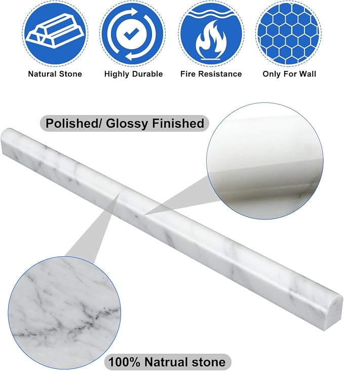 Carrara White 12 Pack of 3/5''x12'' Marble Pencil Liner Tile, Edge Trim Molding for Shower, Polished Bullnose Tile Trim for Kitchen and Bathroom Backsplash