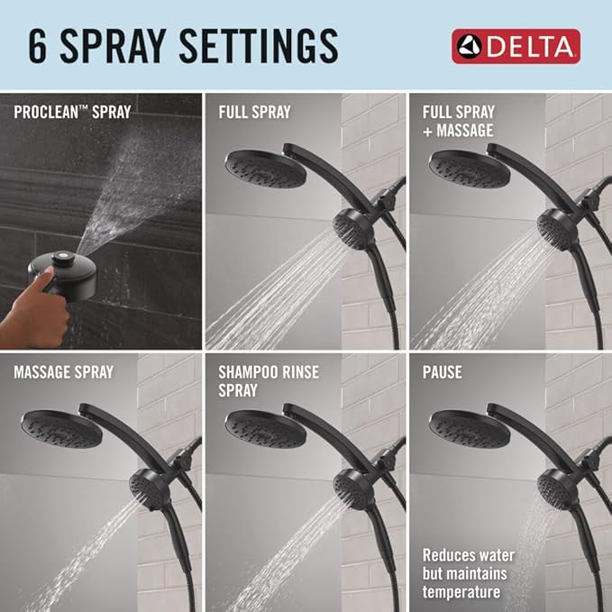 Delta 6-Setting PivotPro 3-in-1 Combination Shower Head with ProClean Spray, Matte Black Round Shower Head Rainfall with Handheld Spray, 1.75 GPM, Matte Black 75648BL