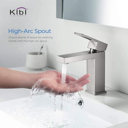 Solid Brass Single Handle Bathroom Sink Faucet with Pop-Up Drain, High Arc Cubic Spout Lavatory Faucet | Corrosion-Resistant, Modern Design, Easy to Install (Brushed Nickel, KBF1002)