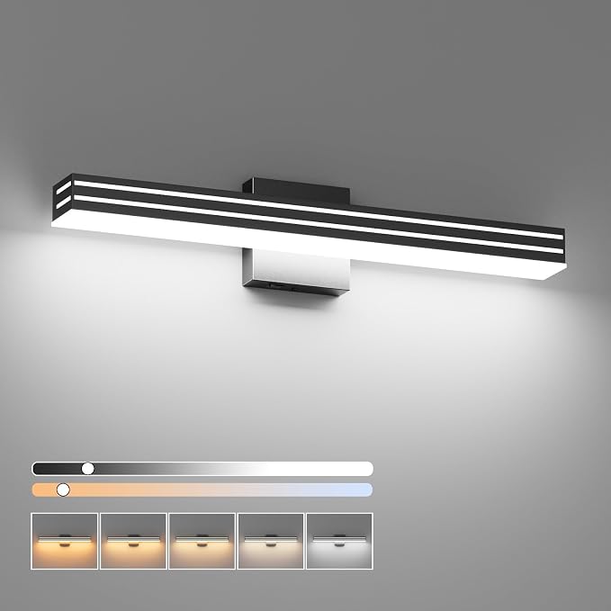 Ralbay Black Vanity Light 5 Color Temperature Dimmable LED Modern Bathroom Vanity Light Bar 24inch 24W Acrylic Matte Black Bathroom Wall Lighting Fixtures Over Mirror