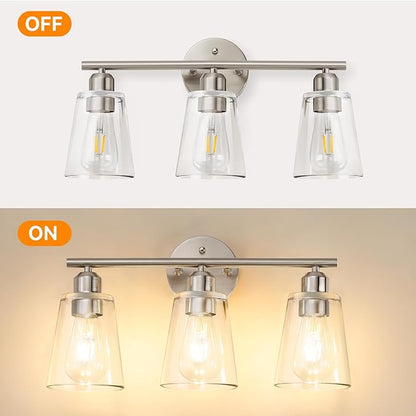 TALOYA 19 Inch Brushed Nickel Bathroom Light Fixtures with Thickend Clear Tapered Glass Shade, 3-Light Modern Vanity Light Over Mirror for Bathrooms, Bedrooms (Bulbs Not Included)