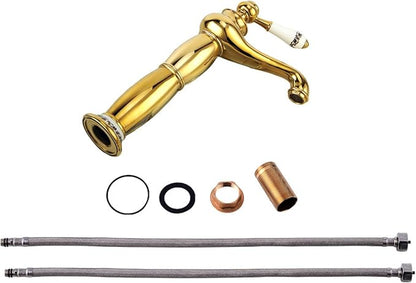 Vintage Bathroom Faucet, Antique Brass Sink, Hot and Cold Mixer Tap, Single Handle, Gold(Black B)