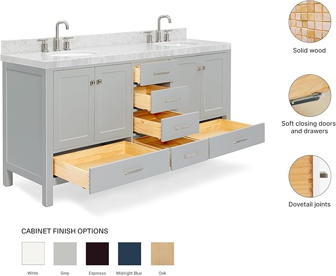ARIEL Cambridge 72-inch Bathroom Vanity with Sink,Solid Wood, 2-inch Italian Carrara Marble Countertop & Backsplash, Double Oval Porcelain Sink, 4 Soft Closing Doors, 6 Dovetail Drawers, Grey